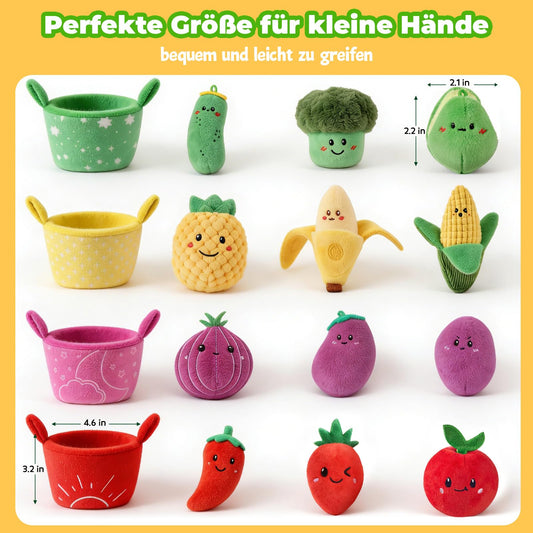SAIMAND Baby Spielzeug 6-12 Monate – 16-tlg Obst & Gemüse Plüsch mit Rassel & Knisterpapier, Sensorik & Motorik